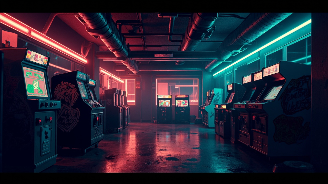 Illustration of a neon-lit retro arcade interior