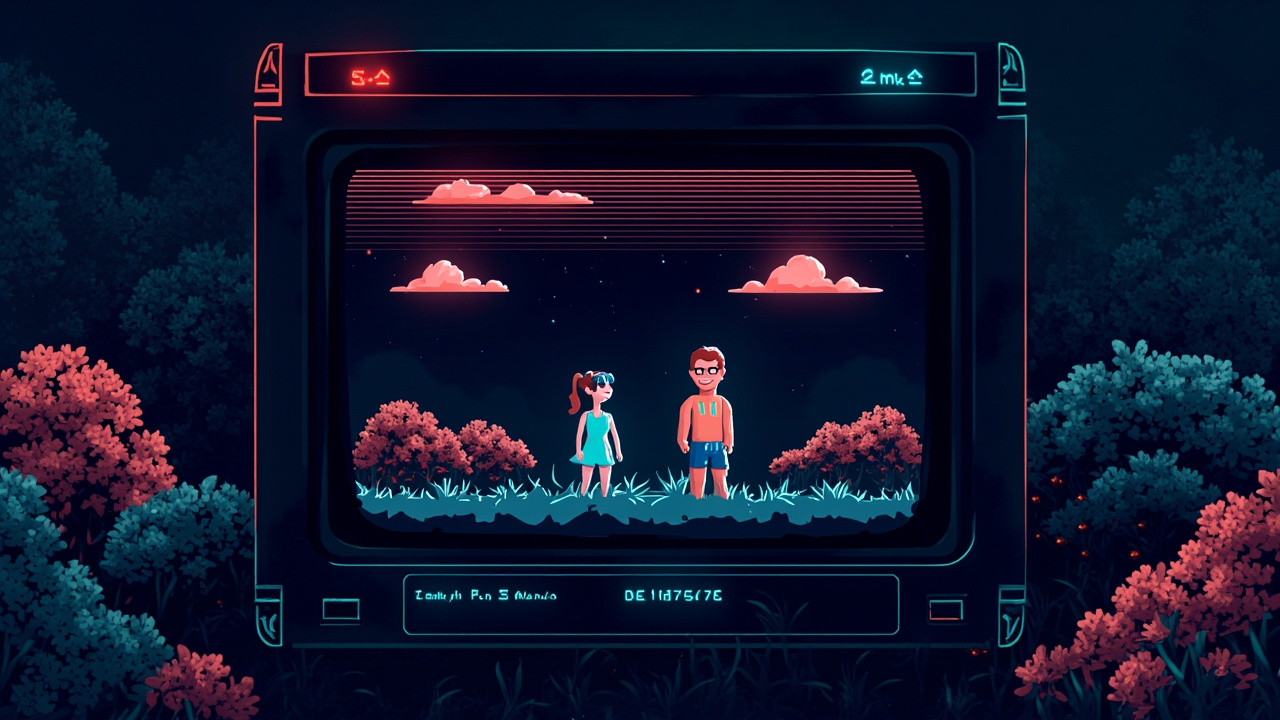 Illustration: A pixelated video game screen displays two animated characters standing on grass near trees and flowers, with a dialogue box at the bottom.