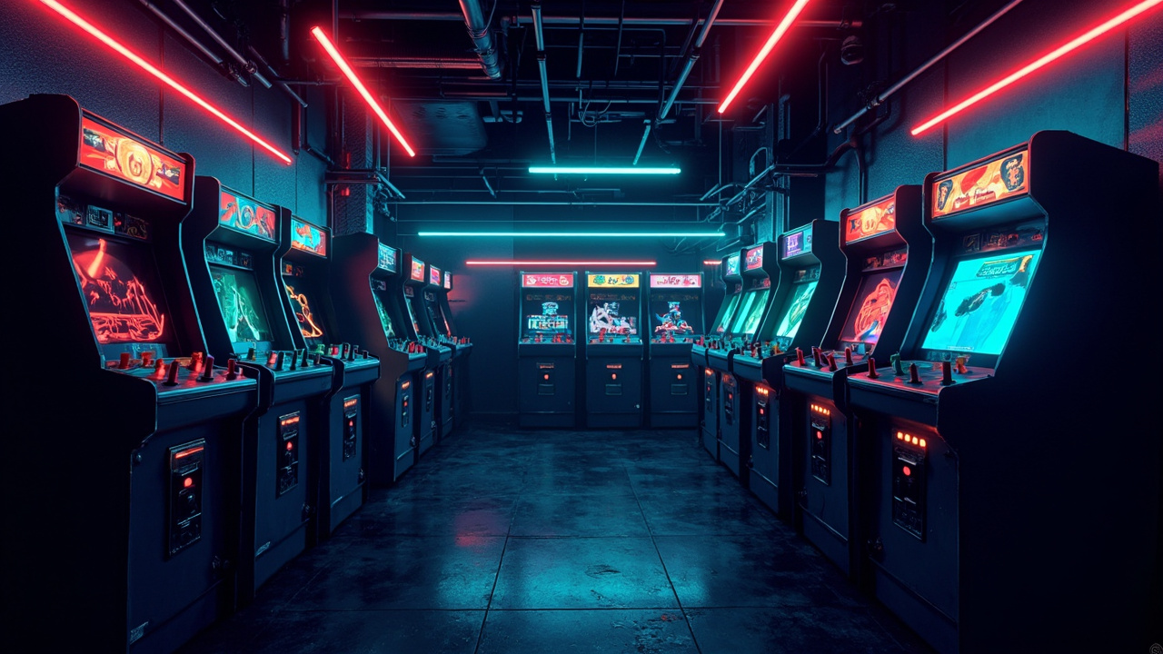 Illustration of a neon-lit retro arcade interior