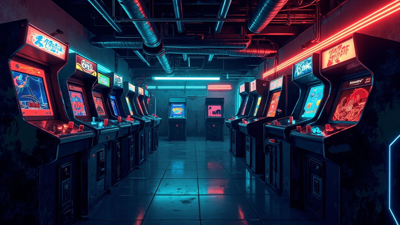Illustration of a neon-lit retro arcade interior