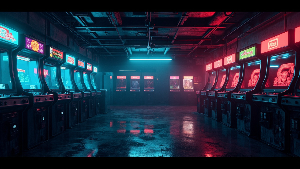 Illustration of a neon-lit retro arcade interior