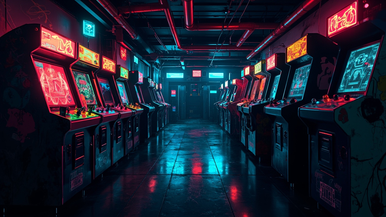 Illustration of a neon-lit retro arcade interior