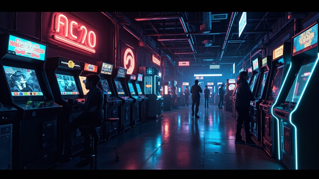 Illustration of a neon-lit retro arcade interior