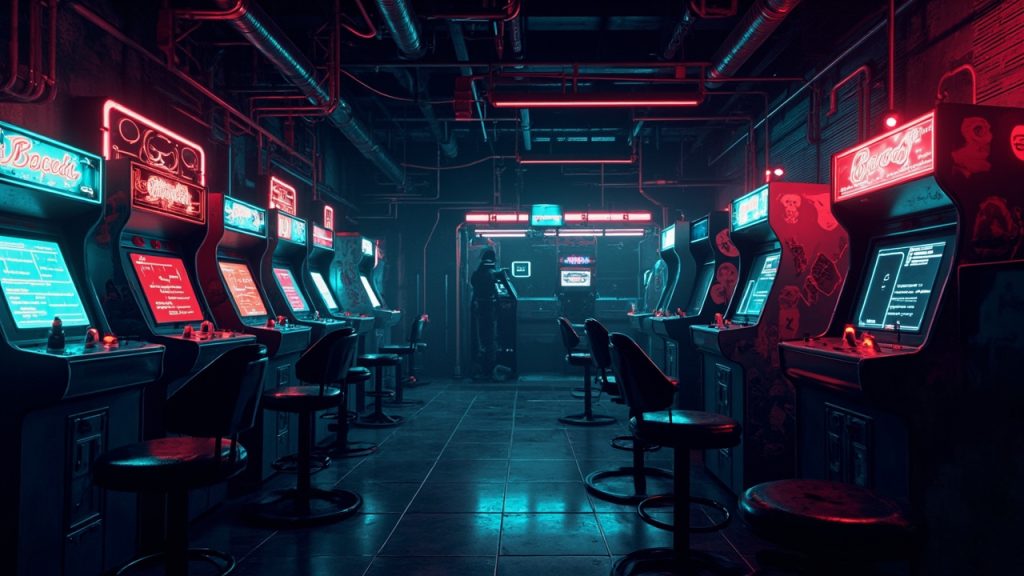Illustration of a neon-lit retro arcade interior