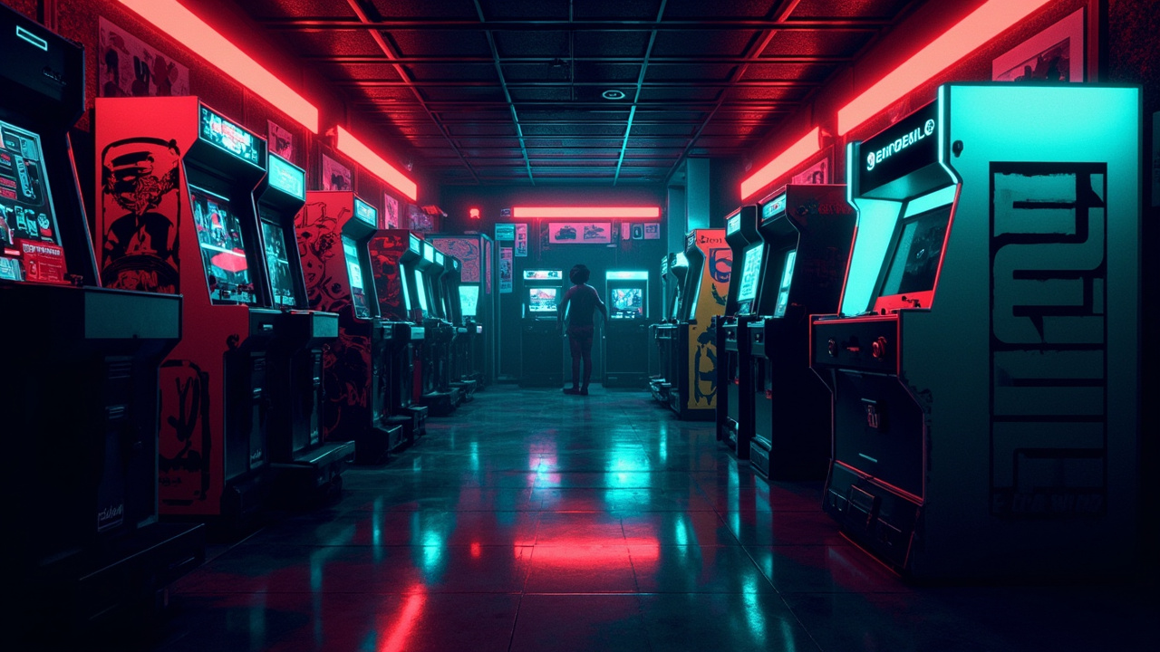 Illustration of a neon-lit retro arcade interior