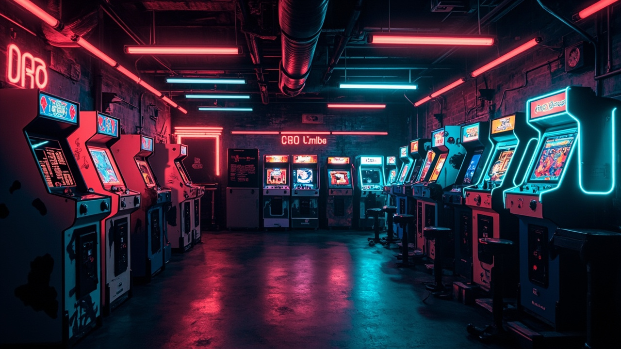 Illustration of a neon-lit retro arcade interior