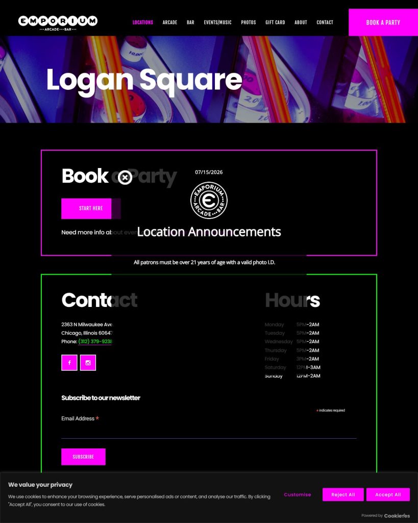 Emporium Arcade Bar website (Chicago, IL)