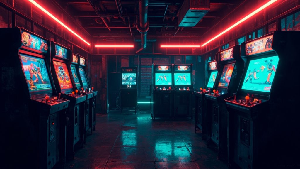 Illustration of a neon-lit retro arcade interior