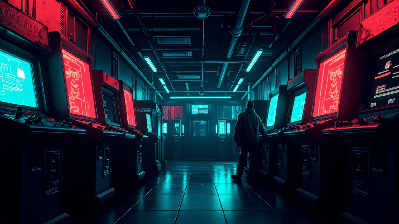 Illustration of a neon-lit retro arcade interior