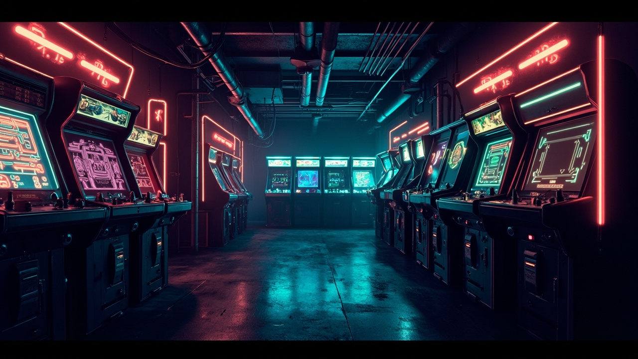 Illustration of a neon-lit retro arcade interior