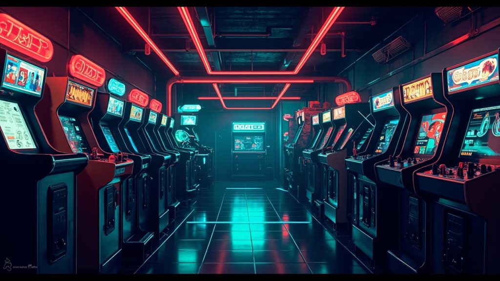Illustration of a neon-lit retro arcade interior