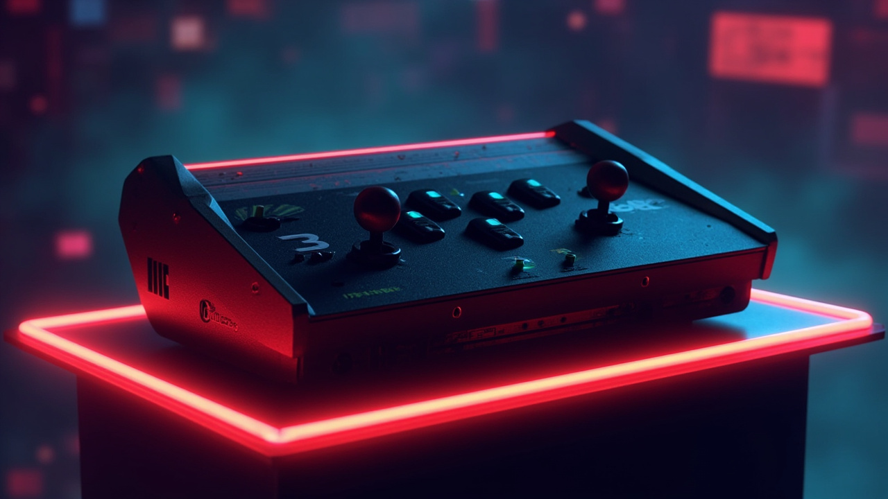 Illustration of retro gaming hardware in synthwave style