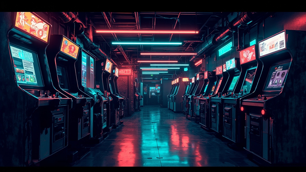 Illustration of a neon-lit retro arcade interior