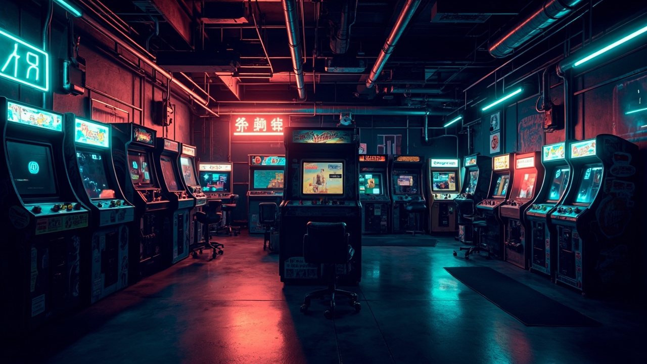 Illustration of a neon-lit retro arcade interior