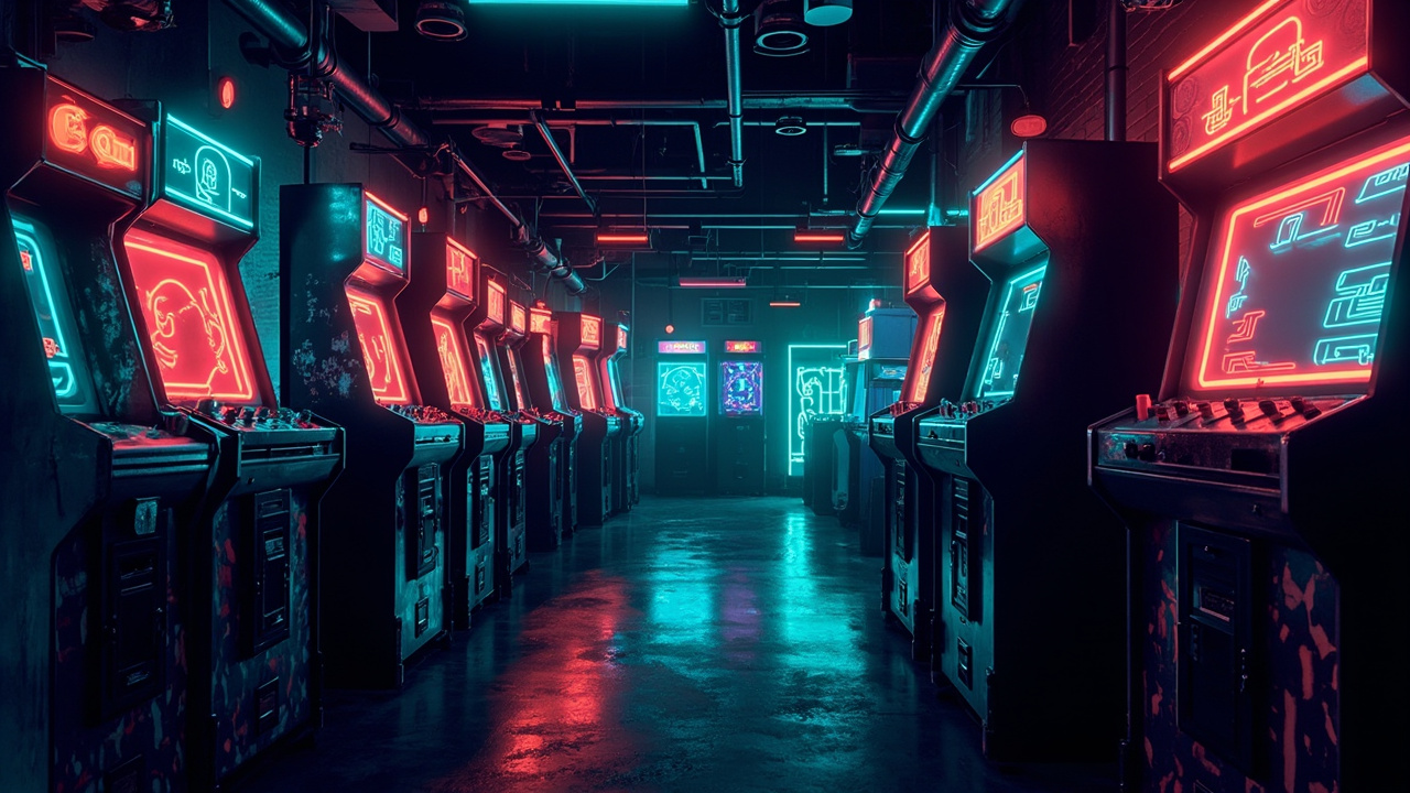 Illustration of a neon-lit retro arcade interior