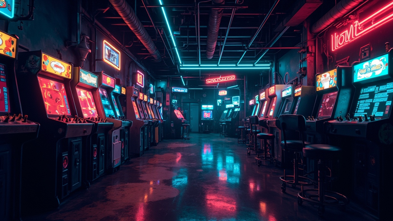 Illustration of a neon-lit retro arcade interior