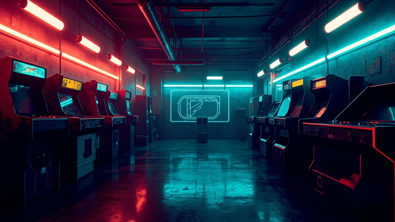 Illustration of a neon-lit retro arcade interior
