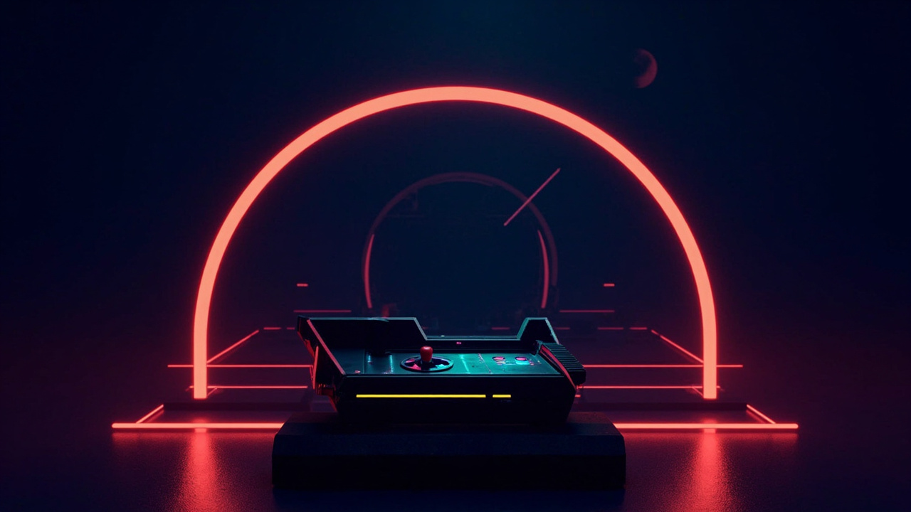 Illustration of retro gaming hardware in synthwave style