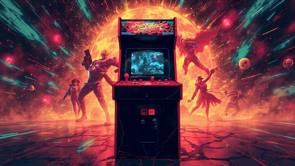 Illustration: A red and black upright arcade fighting game cabinet with a screen, control panel, and speakers stands against a swirling golden background featuring animated characters in combat.