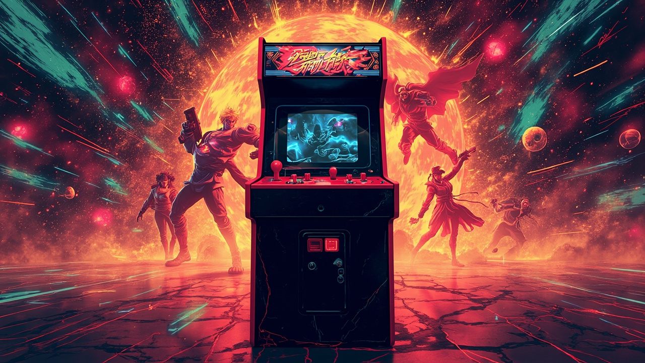 Illustration: A red and black upright arcade fighting game cabinet with a screen, control panel, and speakers stands against a swirling golden background featuring animated characters in combat.