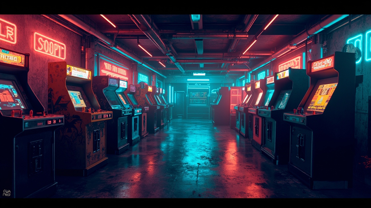 Illustration of a neon-lit retro arcade interior