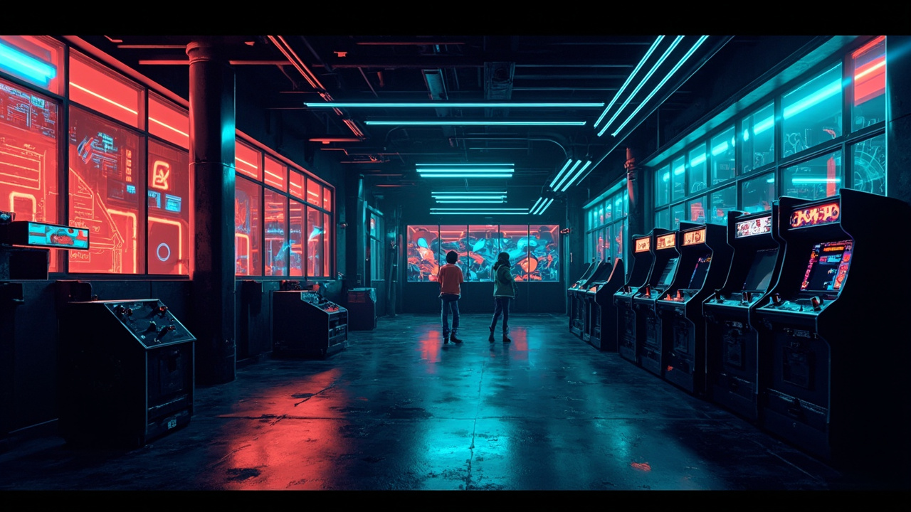 Illustration of a neon-lit retro arcade interior