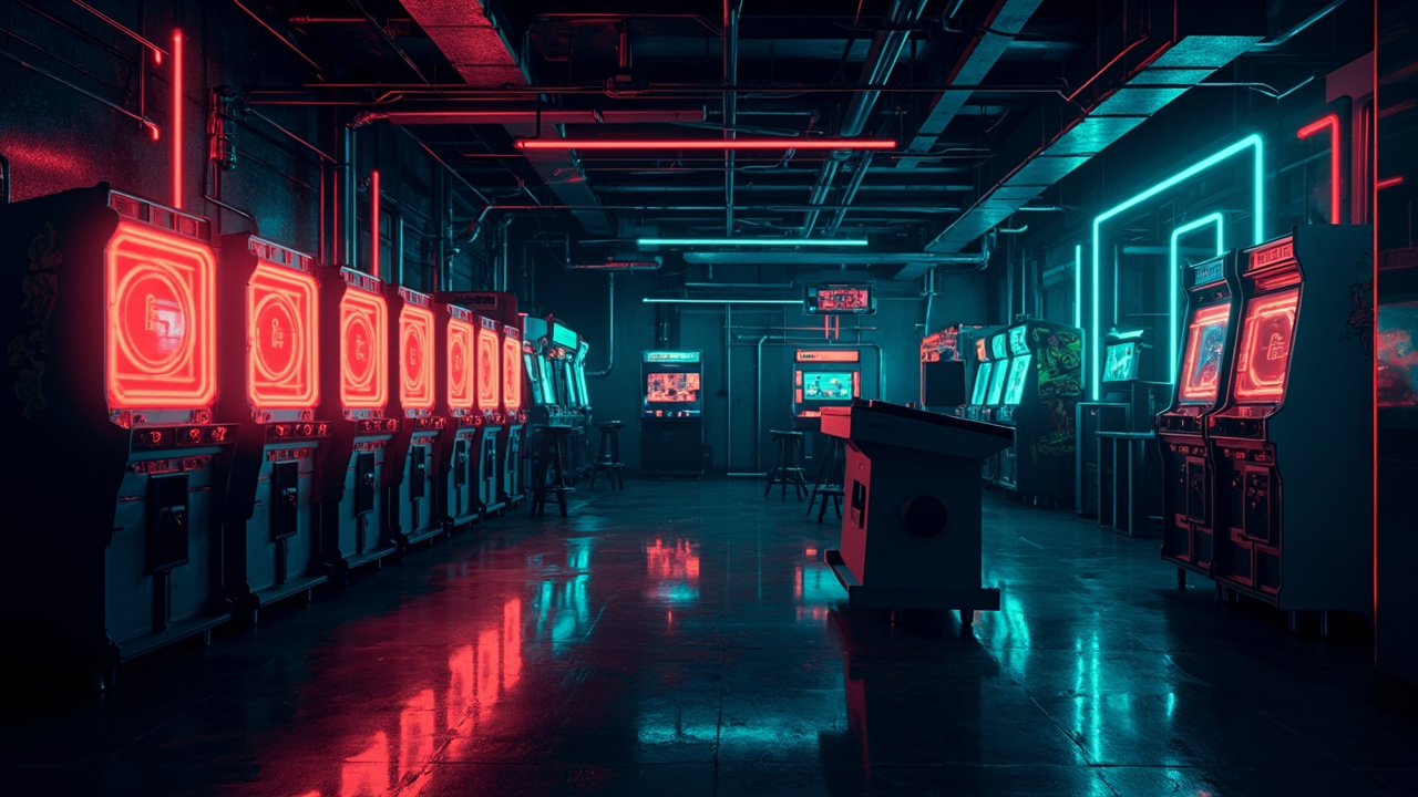 Illustration of a neon-lit retro arcade interior