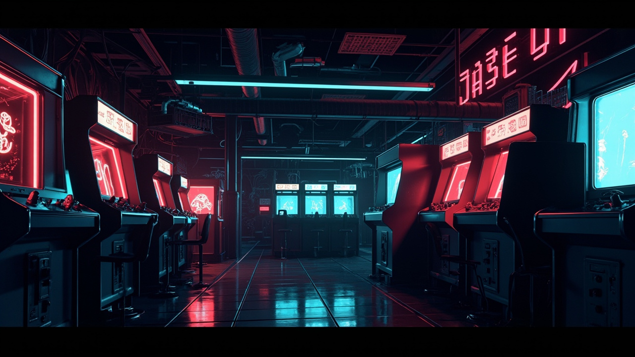 Illustration of a neon-lit retro arcade interior