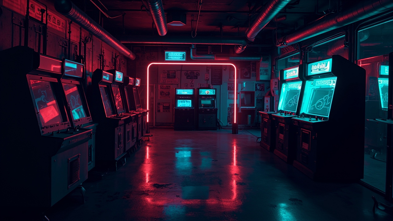 Illustration of a neon-lit retro arcade interior