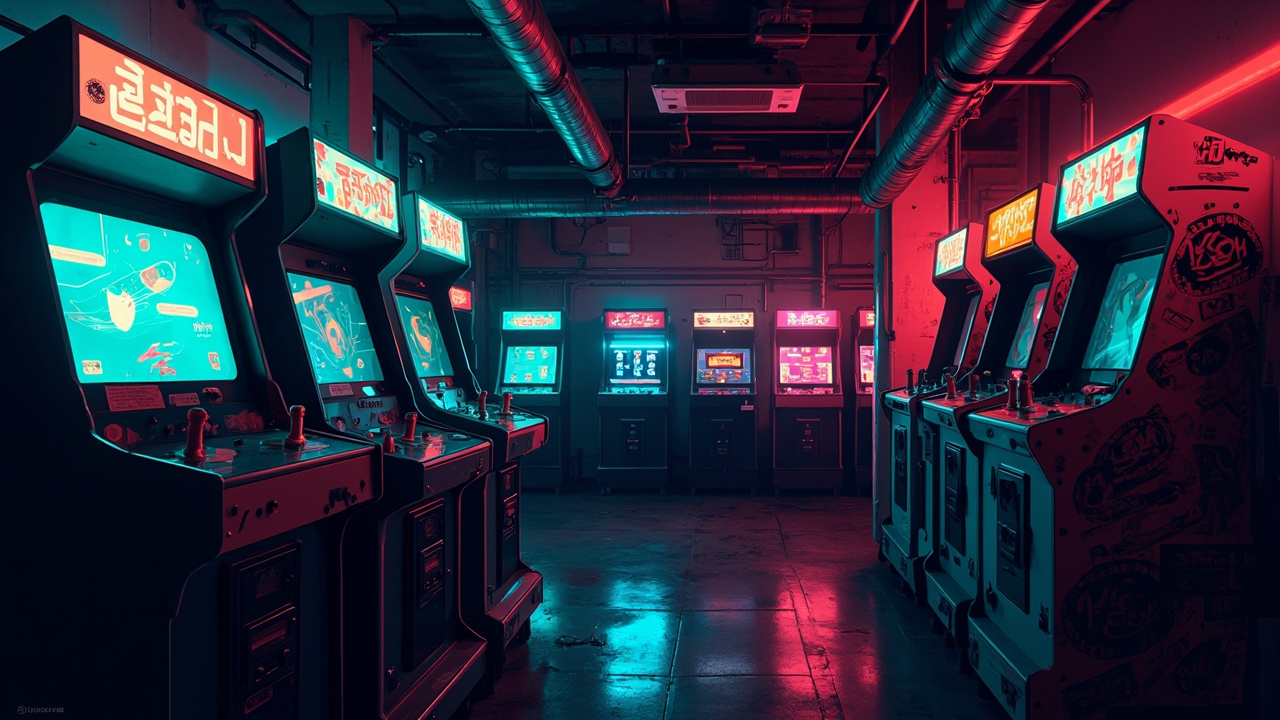 Illustration of a neon-lit retro arcade interior