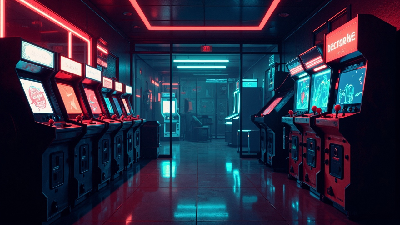 Illustration of a neon-lit retro arcade interior