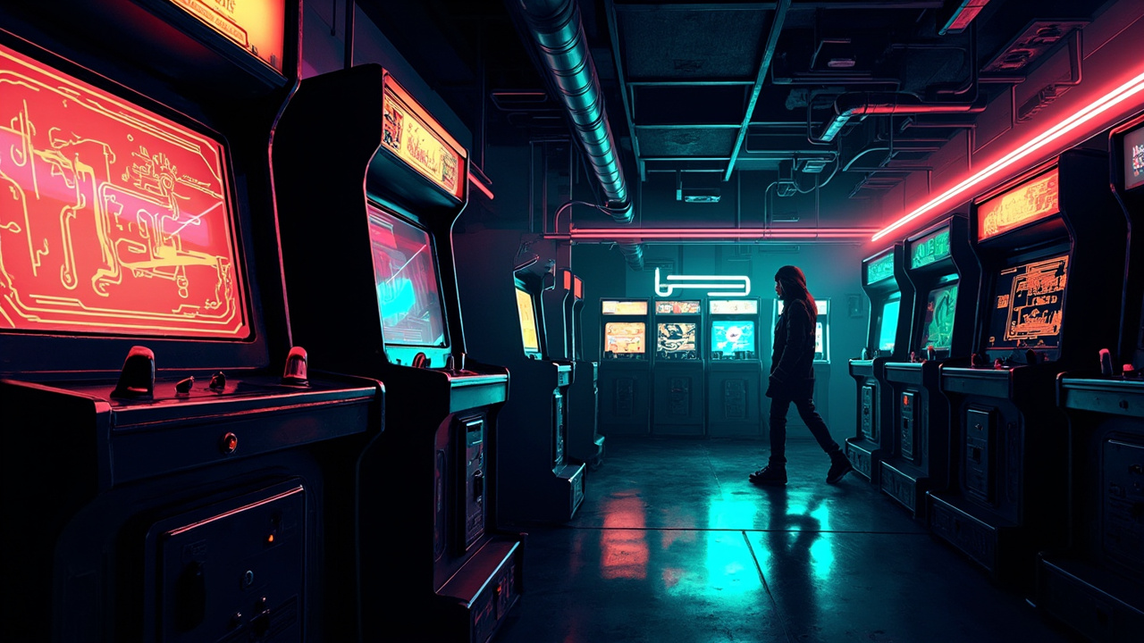 Illustration of a neon-lit retro arcade interior