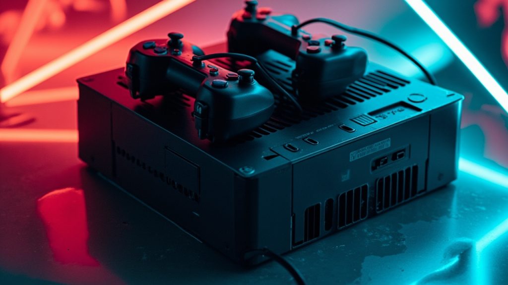 Illustration: A dark gray video game console unit with multiple cartridge slots, ventilation grilles, and two wired controllers resting on top is displayed on a surface.