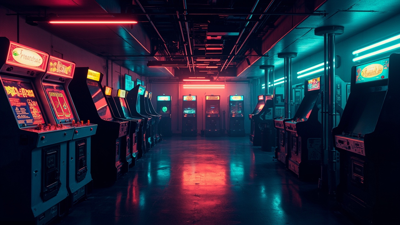Illustration of a neon-lit retro arcade interior