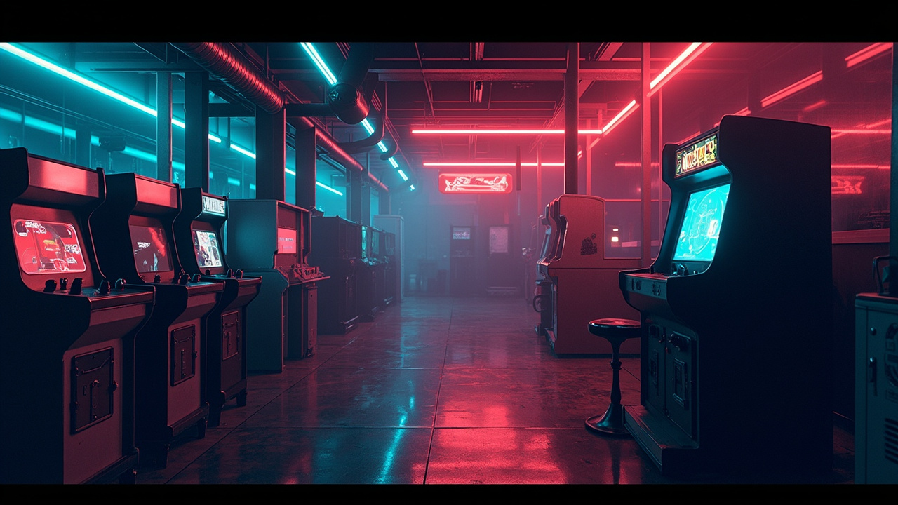 Illustration of a neon-lit retro arcade interior