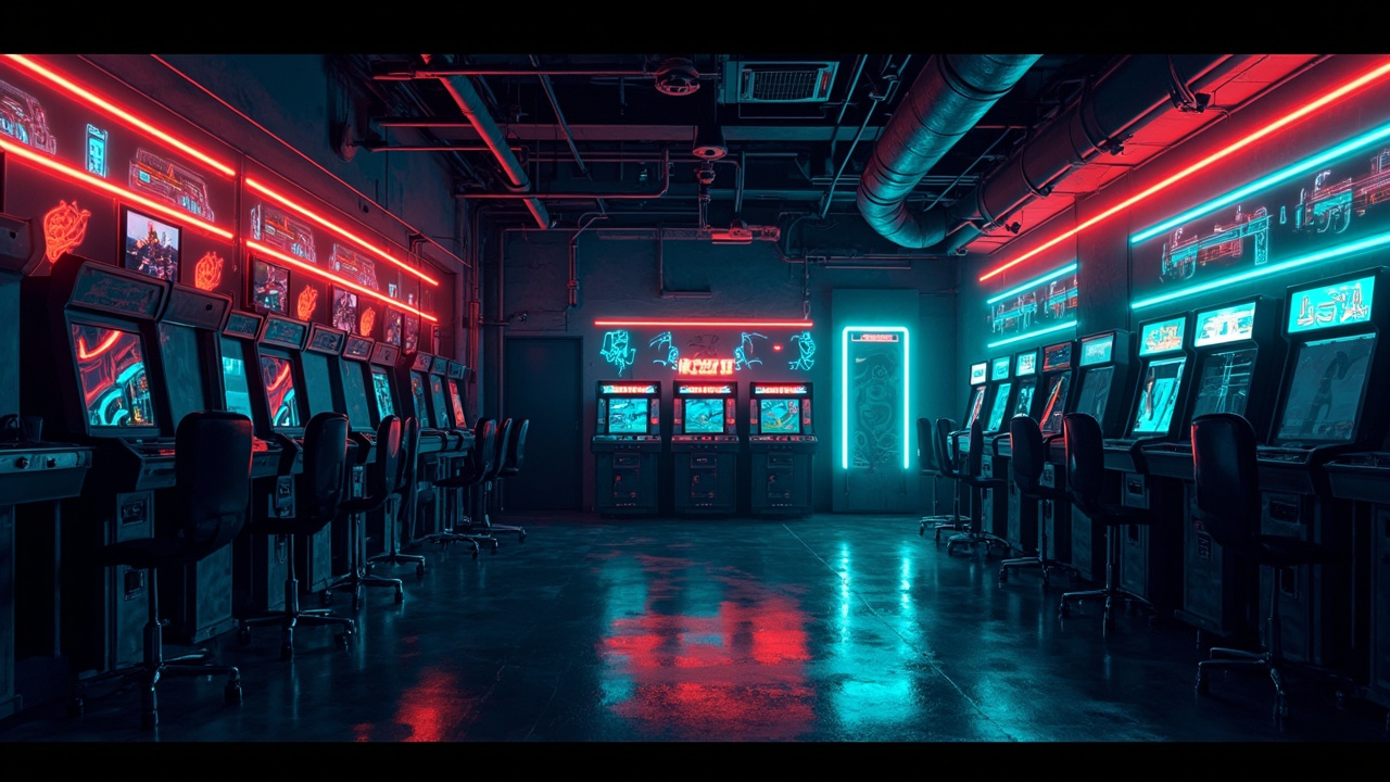 Illustration of a neon-lit retro arcade interior