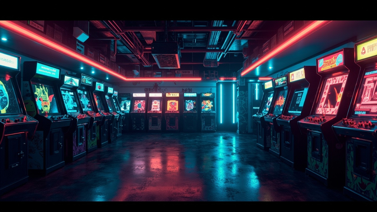 Illustration of a neon-lit retro arcade interior