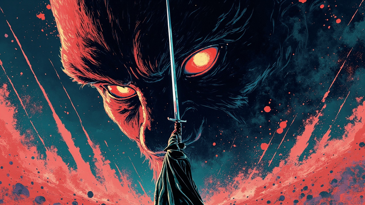 Illustration: A silver sword is thrust downward into the eye of a massive, sand-textured creature by a figure wearing a green tunic and pointed hat.