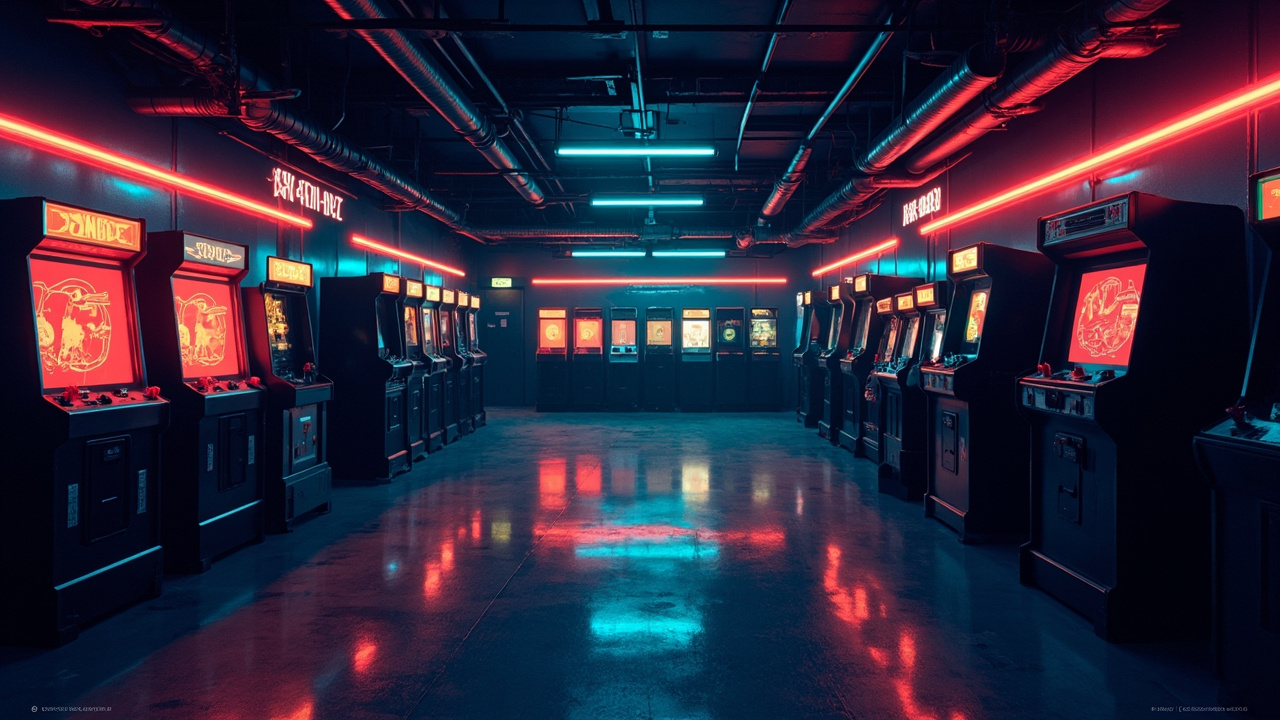 Illustration of a neon-lit retro arcade interior