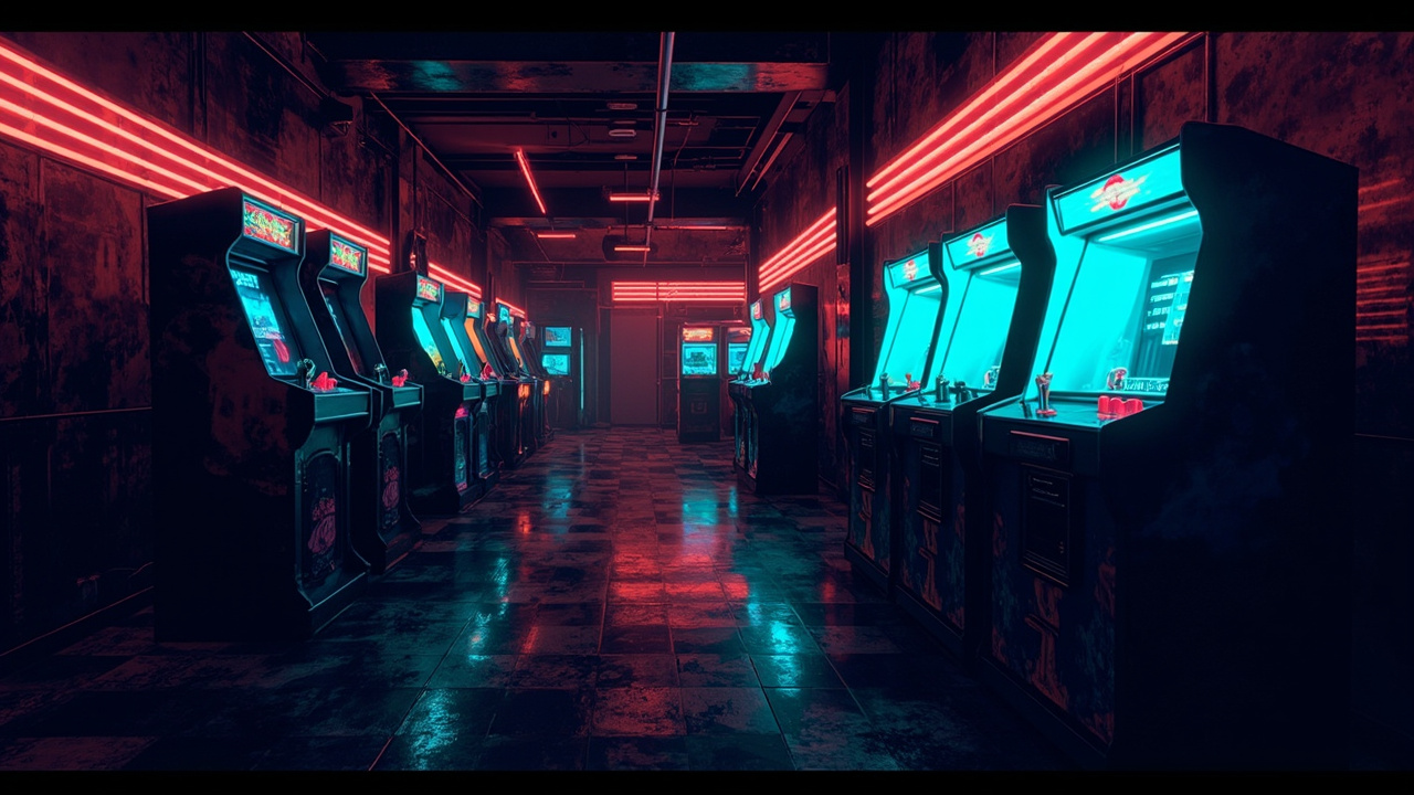 Illustration of a neon-lit retro arcade interior