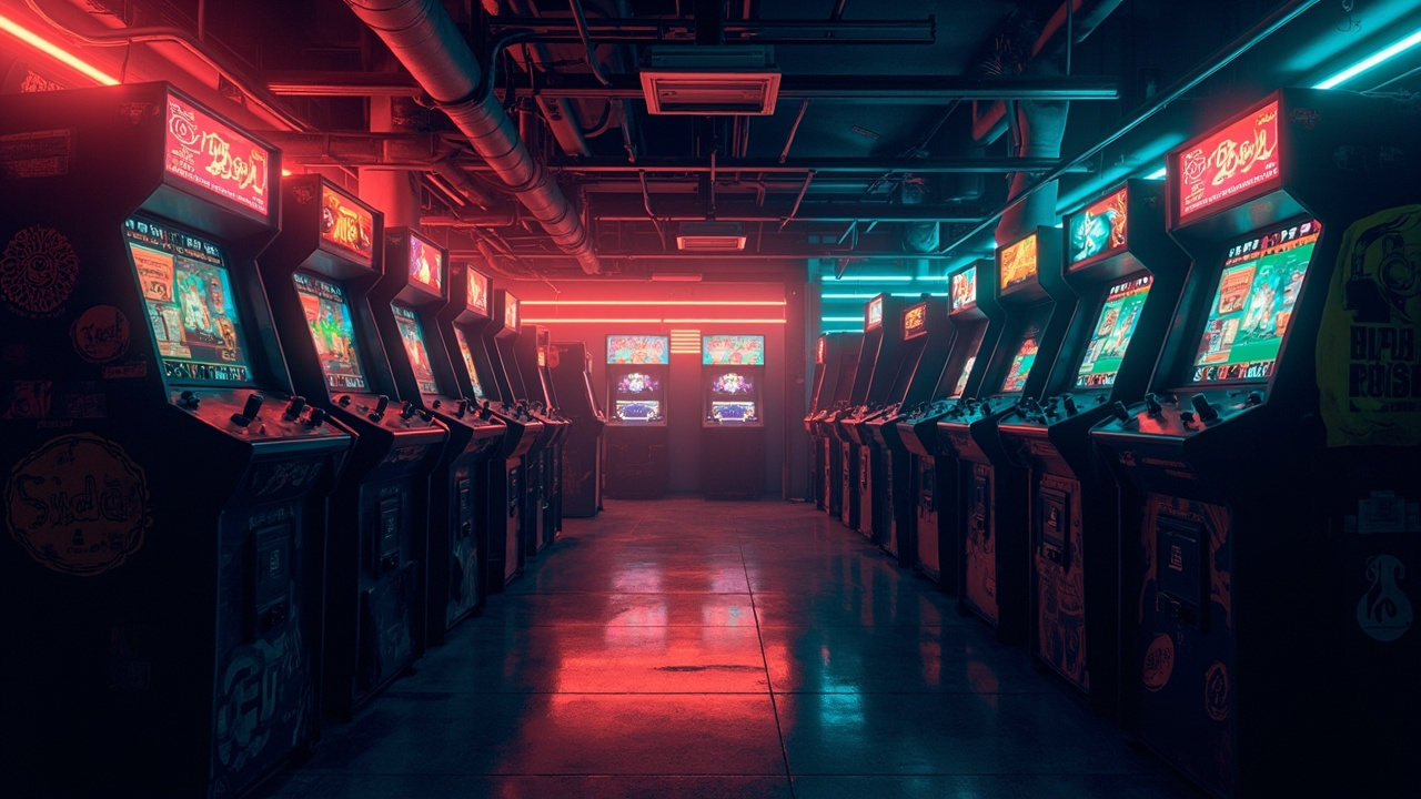 Illustration of a neon-lit retro arcade interior