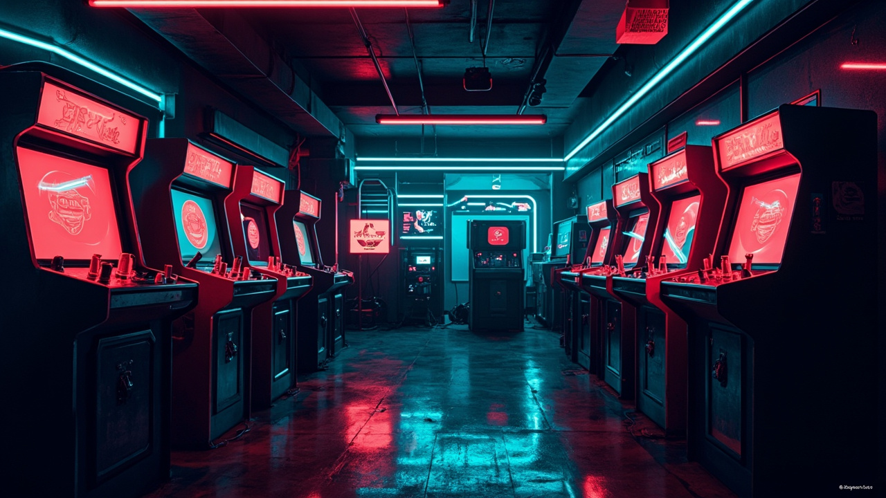 Illustration of a neon-lit retro arcade interior