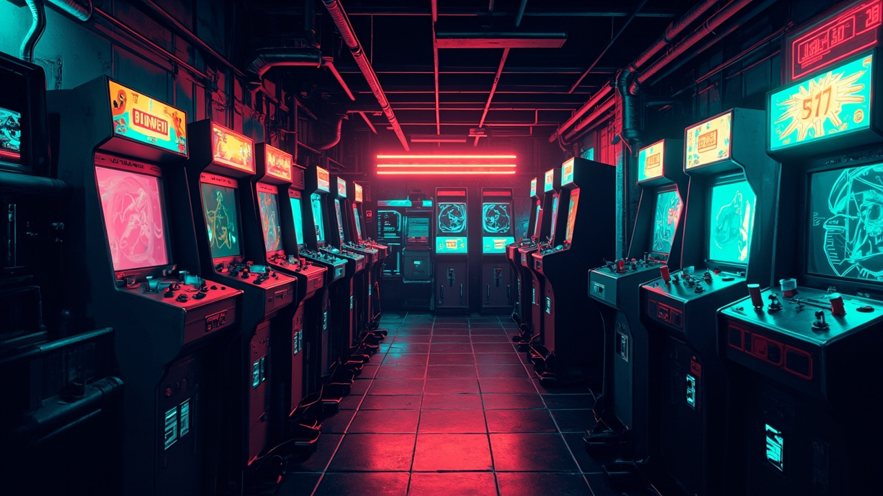Illustration of a neon-lit retro arcade interior