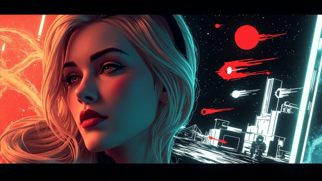 Illustration: A split-panel promotional graphic featuring a detailed 3D-rendered character with long blonde hair on a fiery orange background on the left, contrasted with a stark black, white, and red illustrated scene containing five small pixel-art character spr