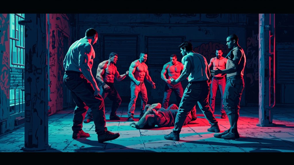 Illustration: A pixel-art street fight scene in an urban alley features several muscular, bare-chested figures surrounding a defeated opponent lying on the tiled pavement beside a graffiti-marked wall and metal pillars.