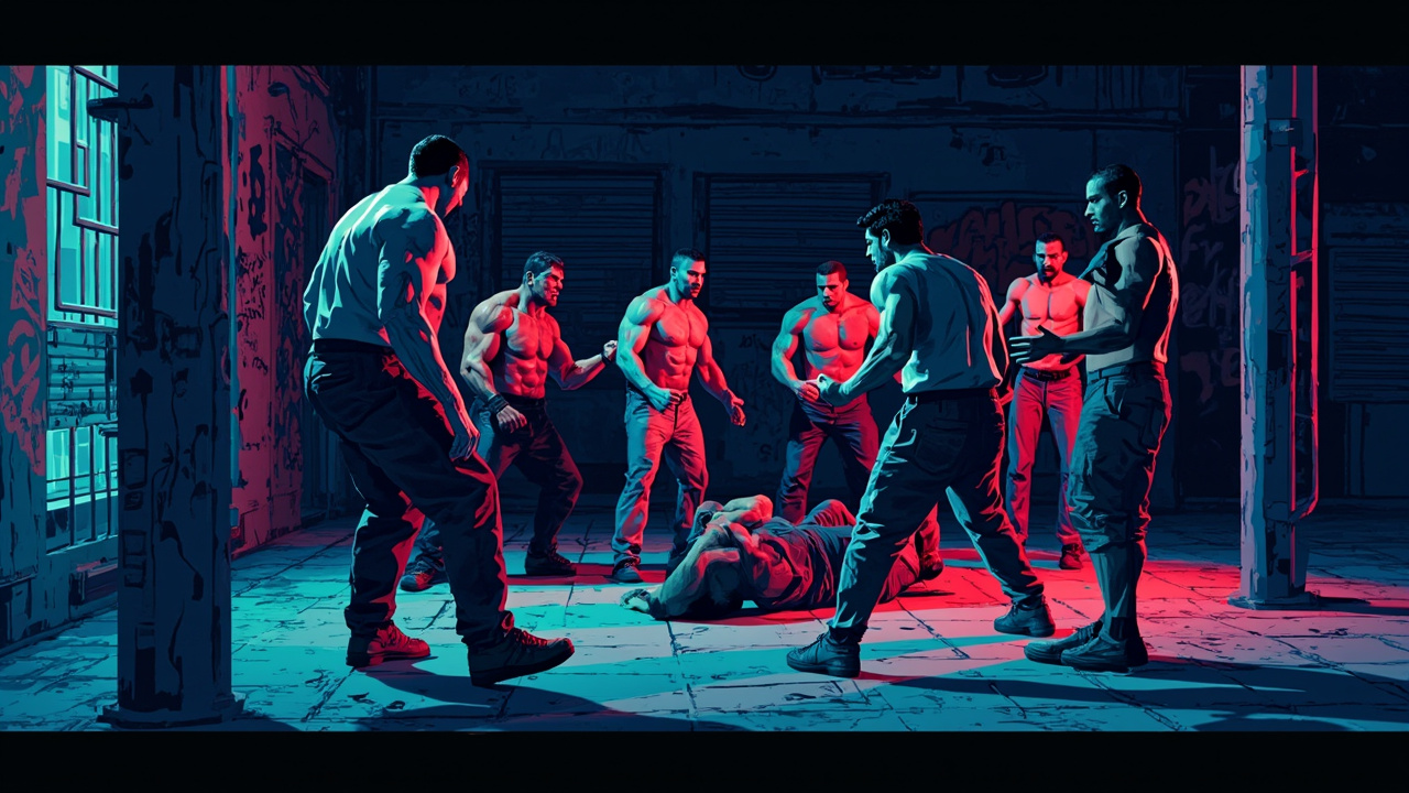 Illustration: A pixel-art street fight scene in an urban alley features several muscular, bare-chested figures surrounding a defeated opponent lying on the tiled pavement beside a graffiti-marked wall and metal pillars.