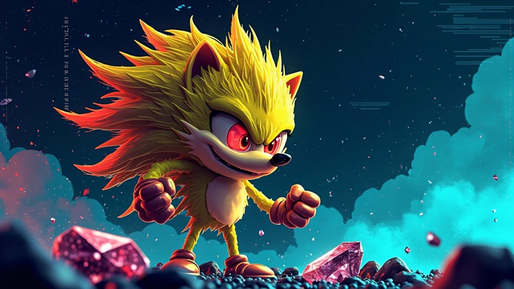Illustration: A yellow anthropomorphic hedgehog figure with spiky quills, red eyes, and clenched fists stands in a dynamic pose with gem-like objects visible in the foreground against a blue background.