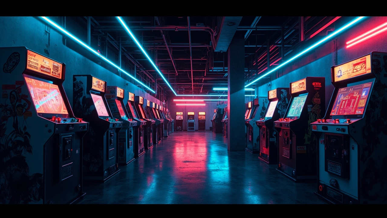 Illustration of a neon-lit retro arcade interior