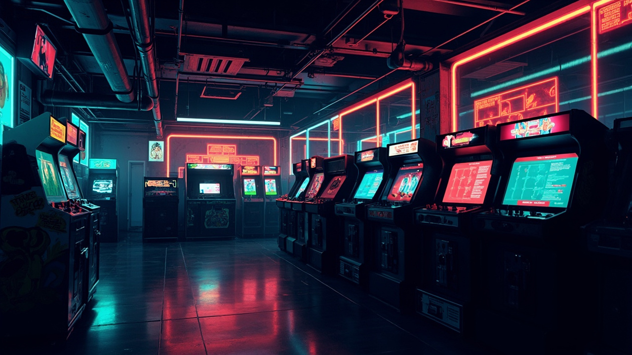 Illustration of a neon-lit retro arcade interior