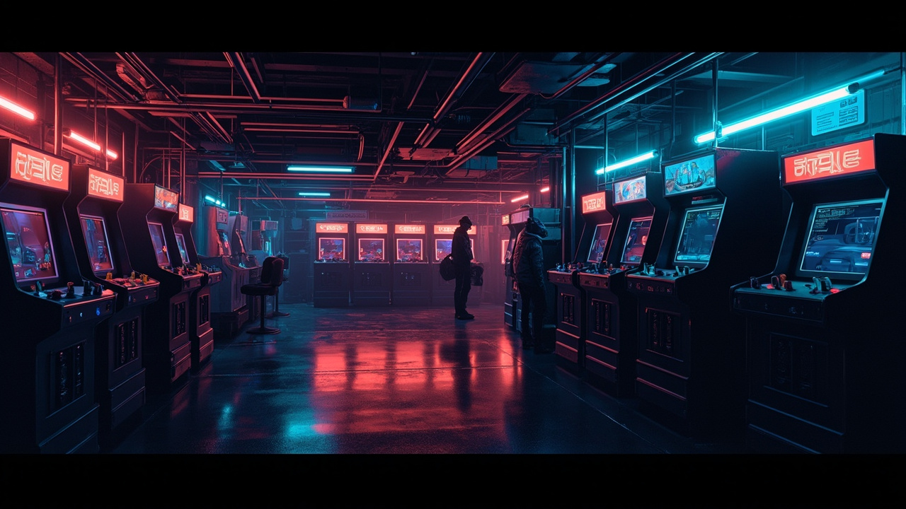 Illustration of a neon-lit retro arcade interior